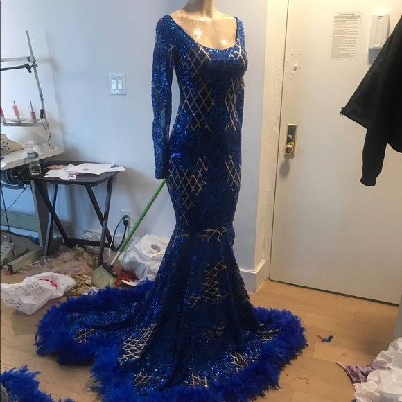 Custom Blue and Gold Prom Gown - Picture 2 of 3